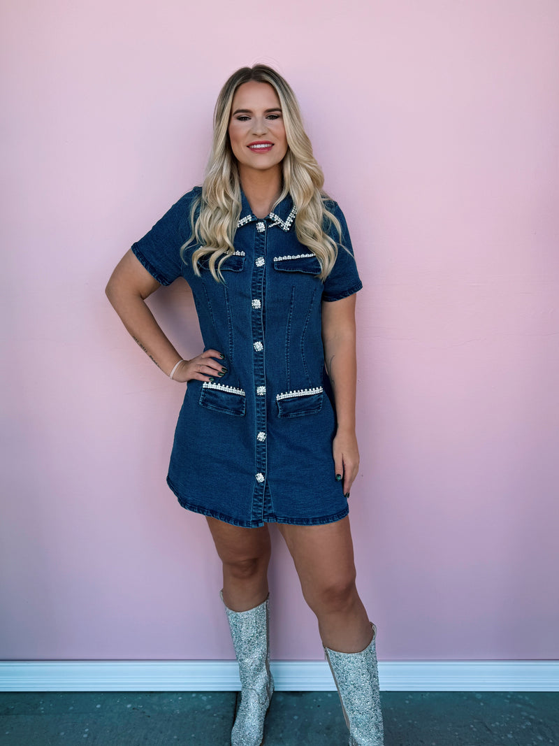 white christmas dresses Rhinestone Trim Denim Dress – P. Elyse Boutique