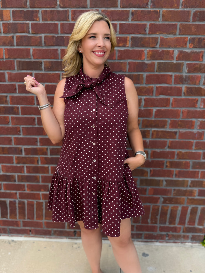 Burgundy Polka Dot Denim Mini Dress