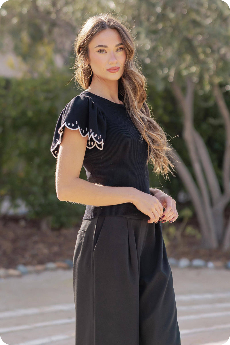 Embroidered Scallop Flutter Sleeve Ribbed Knit Top