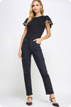 Embroidered Scallop Flutter Sleeve Ribbed Knit Top