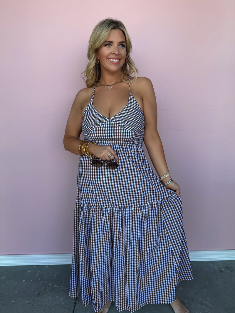 Cottage Check Cross-Back Maxi Dress