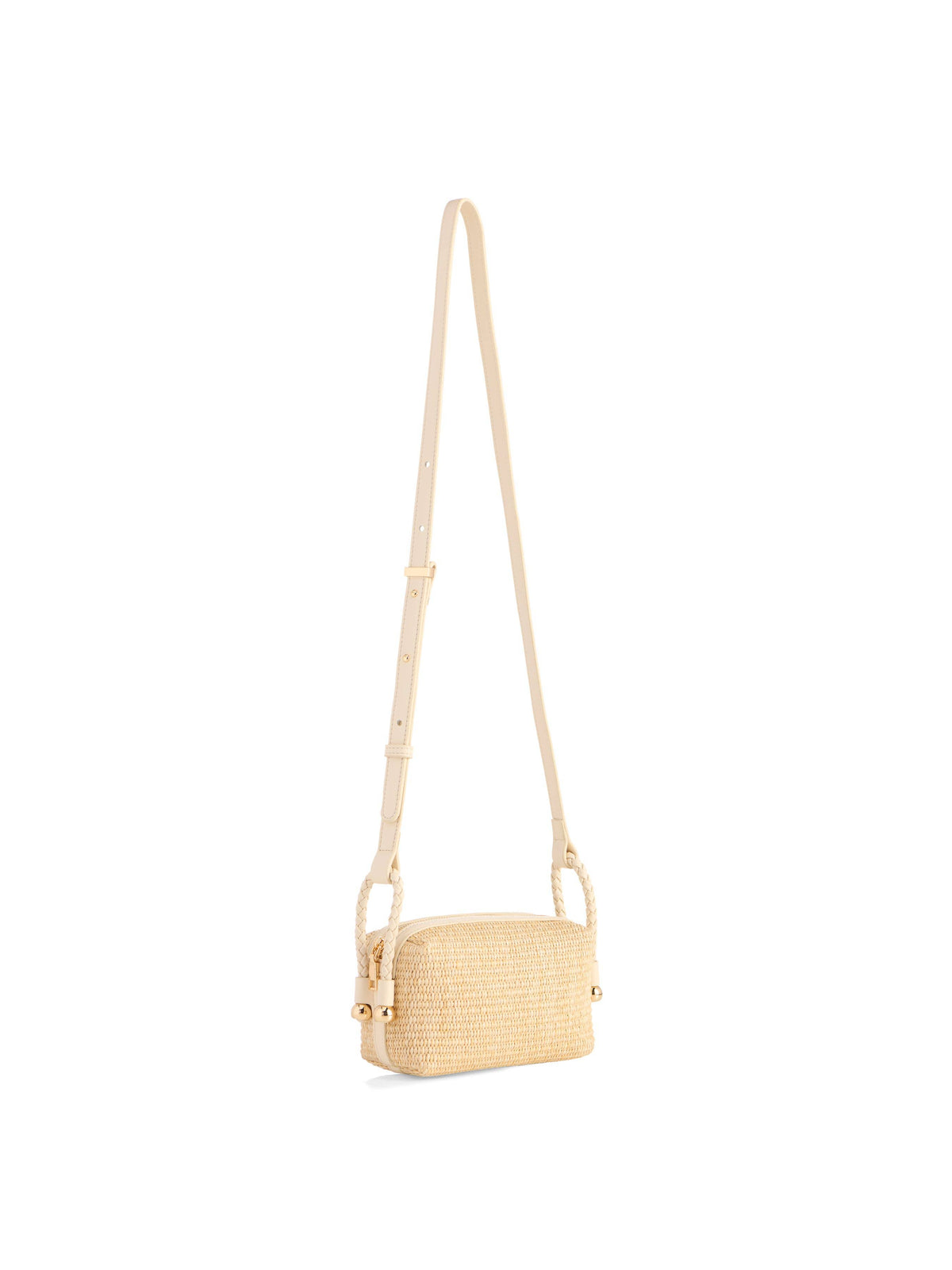 Beige woven handbag with a strap on a white background