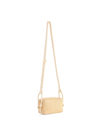Beige woven handbag with a strap on a white background