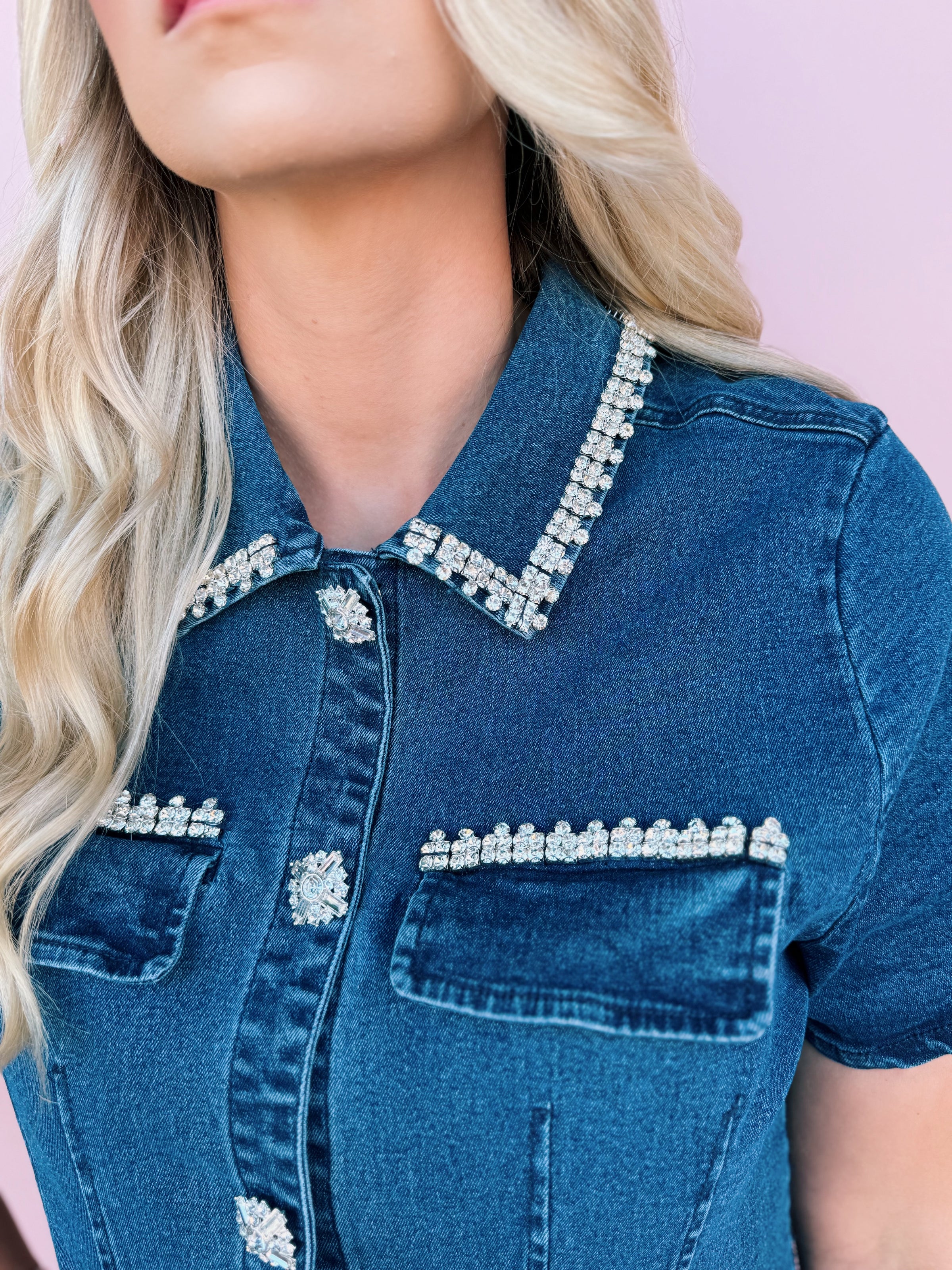 Rhinestone Trim Denim Dress P. Elyse Boutique Rhinestone Trim Denim Dress P. Elyse Boutique
