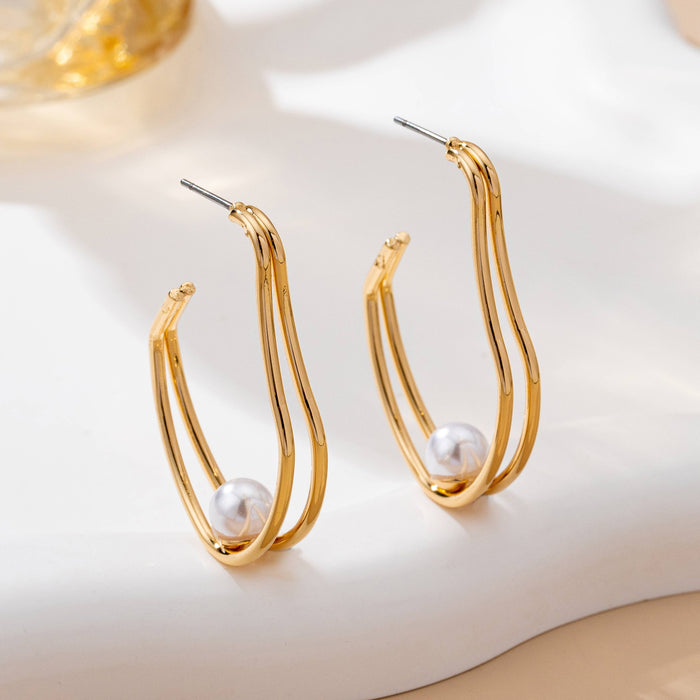 Gold-Tone Double Wave Pearl Hoop Earrings