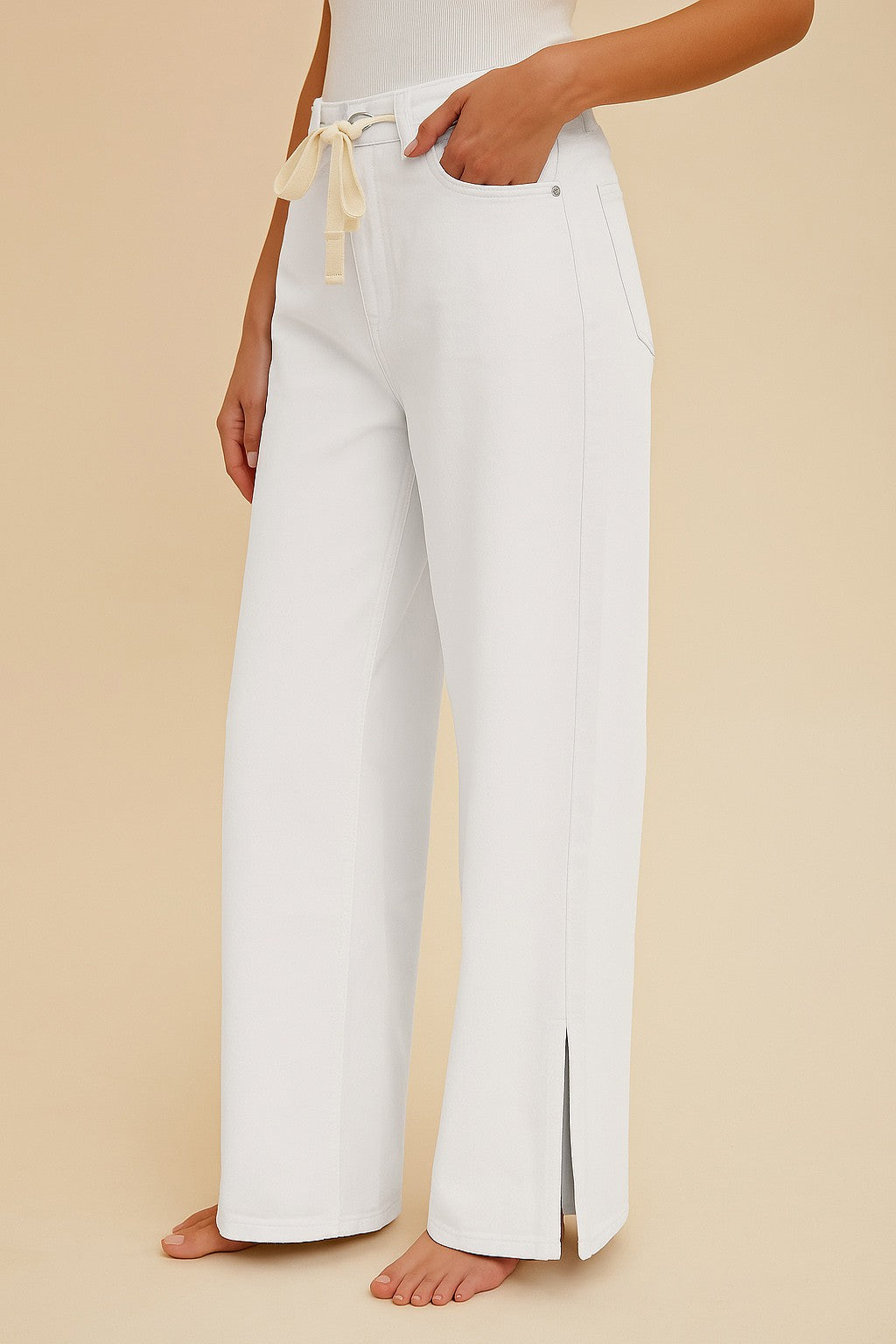Coastal Stroll White Wide-Leg Jeans – Tie Waist with Side Slit