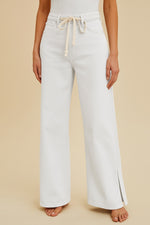 Coastal Stroll White Wide-Leg Jeans – Tie Waist with Side Slit