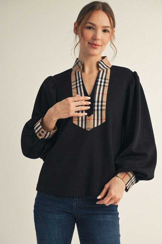 London Lane Plaid Trim Top
