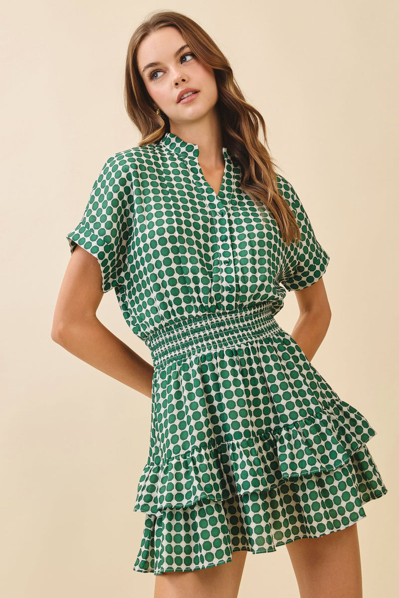 Emerald Dot Smocked Waist Mini Dress