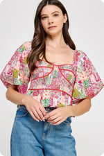 Contrast Piping Floral Blouse