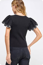 Embroidered Scallop Flutter Sleeve Ribbed Knit Top