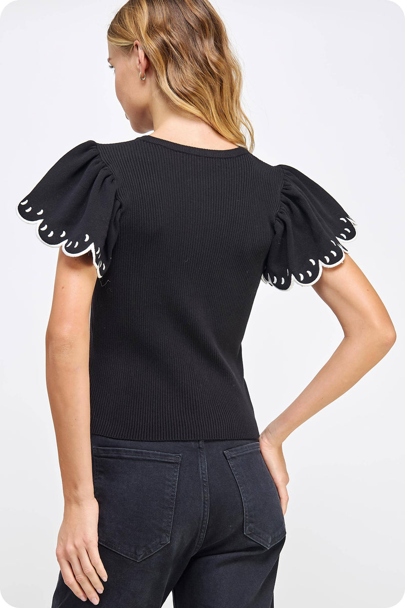Embroidered Scallop Flutter Sleeve Ribbed Knit Top
