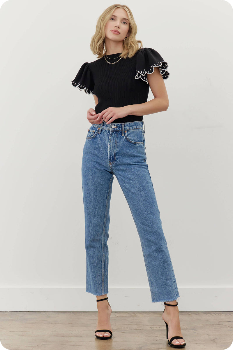 Embroidered Scallop Flutter Sleeve Ribbed Knit Top
