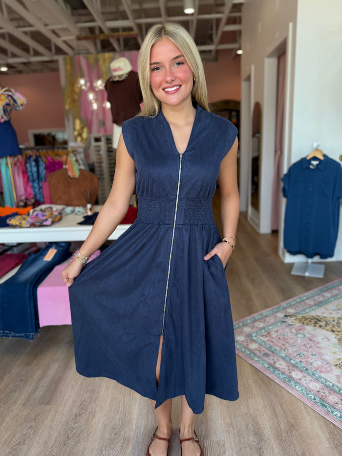 Booked & Busy Midi Dress – Denim Blue