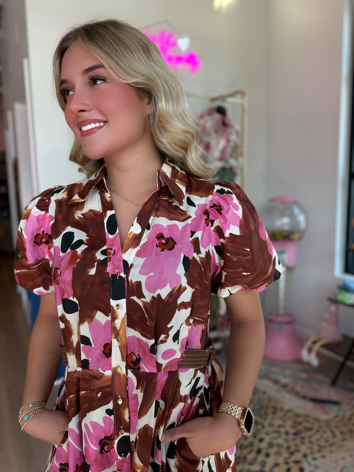 Chocolate Pink Floral Belted Mini Dress