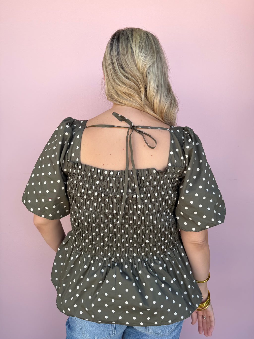 Polka Dot Charm Smocked Peplum Top – Olive