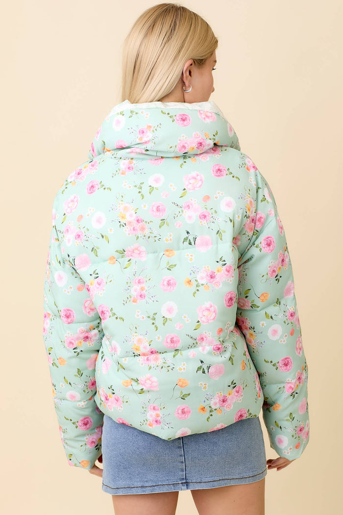 Minty Meadow Floral Puffer Jacket