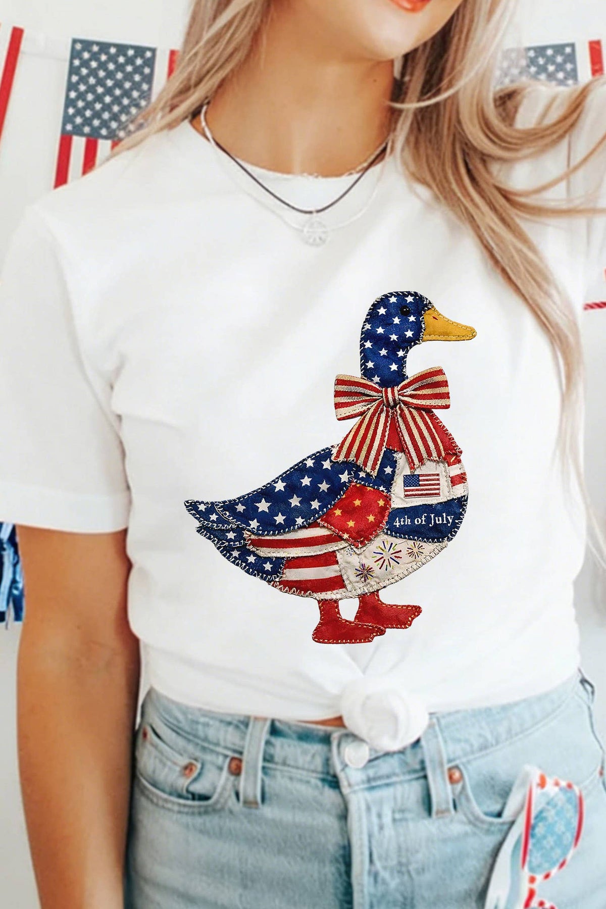 Fourth of July Patriotic Patchwork Print Duck Graphic Tee