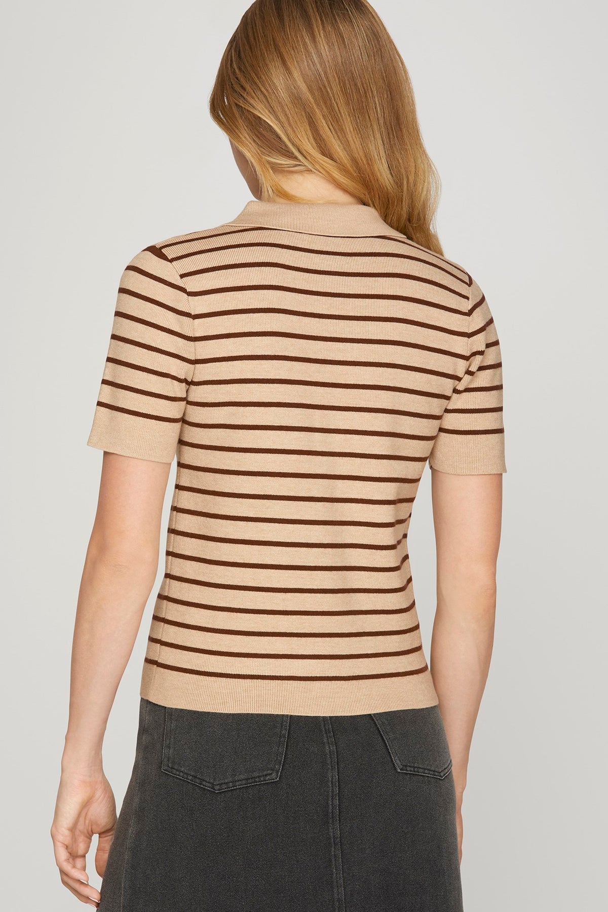 Café au Lait Stripe Knit Polo Top