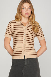 Café au Lait Stripe Knit Polo Top