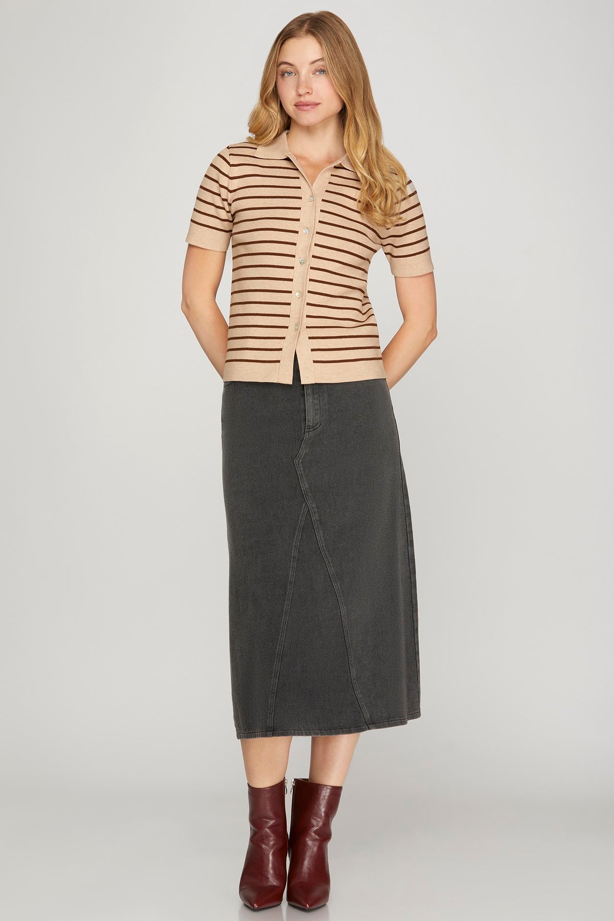 Café au Lait Stripe Knit Polo Top