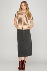 Café au Lait Stripe Knit Polo Top