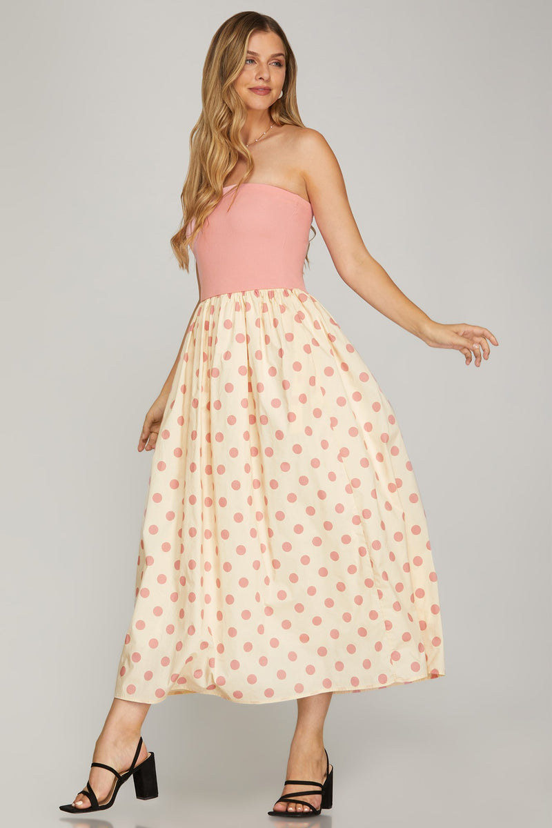 polka dot strapless midi dress Sophia Polka Dot Strapless Dress L