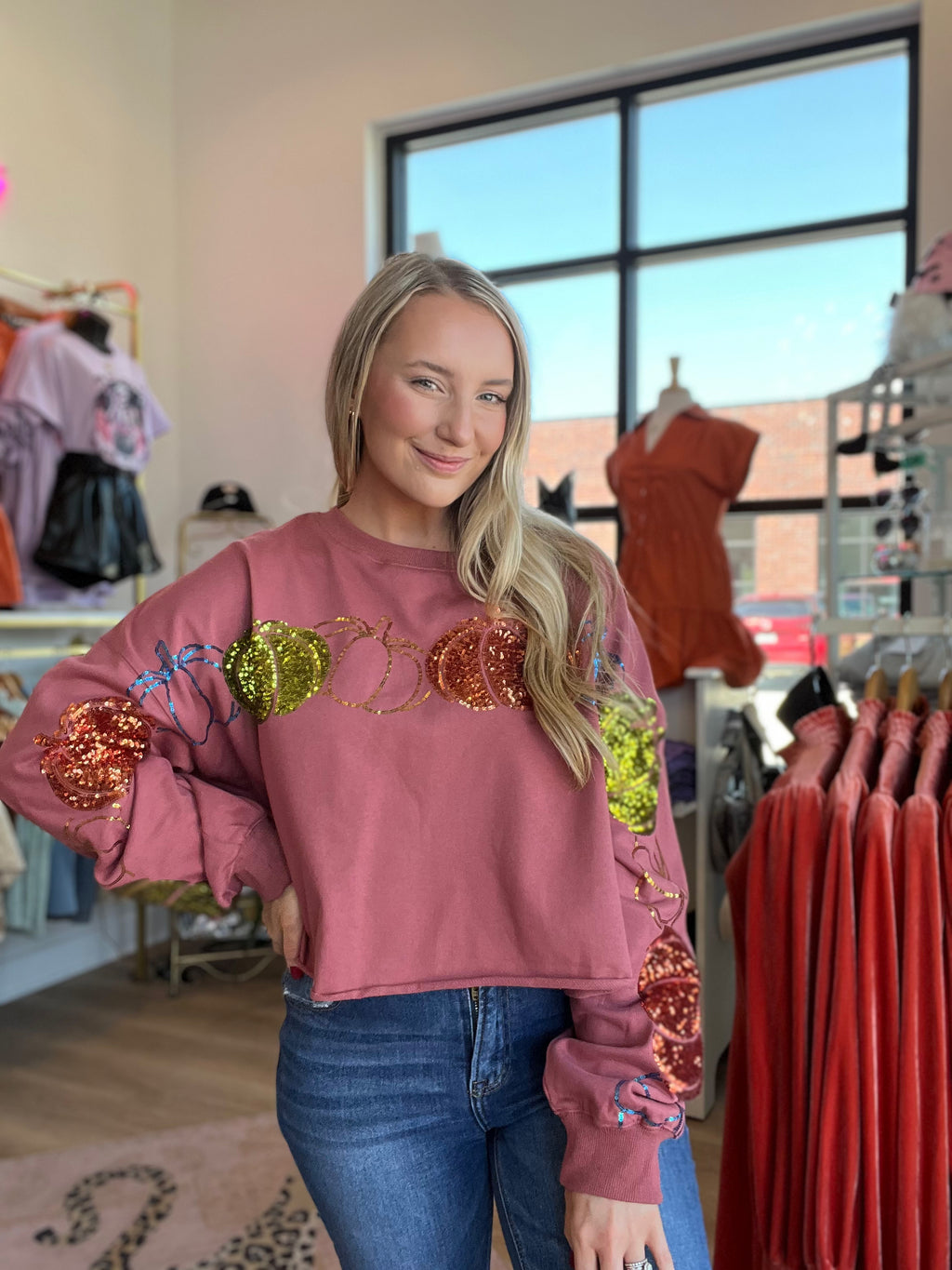 Sequin Pumpkin Cropped Sweatshirt