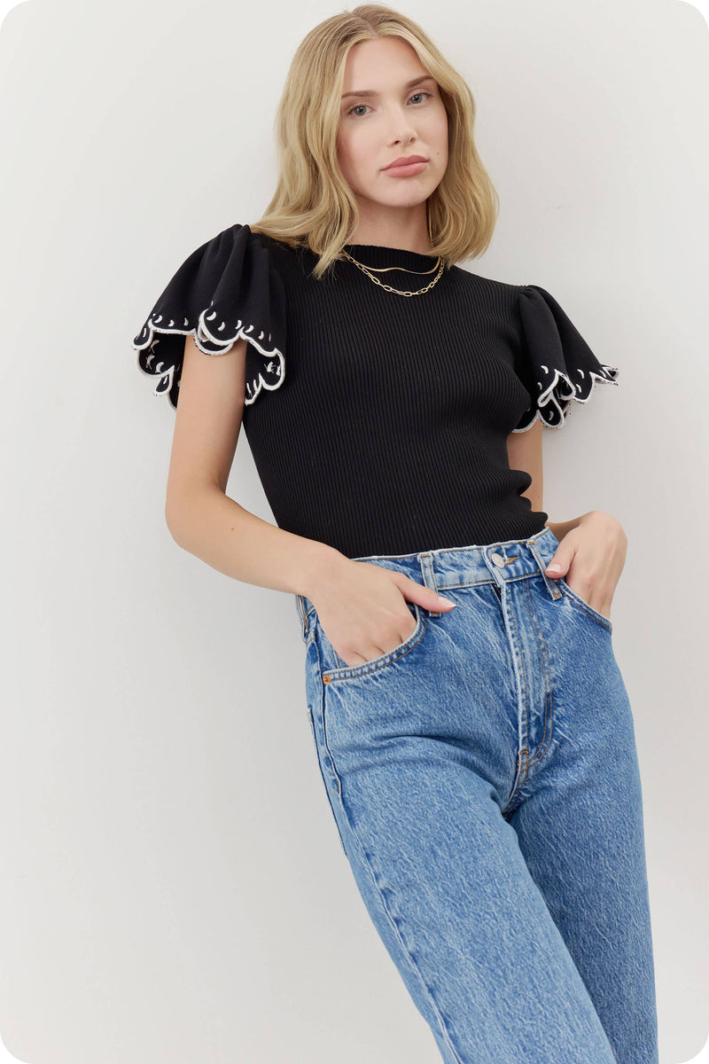 Embroidered Scallop Flutter Sleeve Ribbed Knit Top