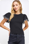 Embroidered Scallop Flutter Sleeve Ribbed Knit Top