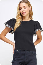Embroidered Scallop Flutter Sleeve Ribbed Knit Top