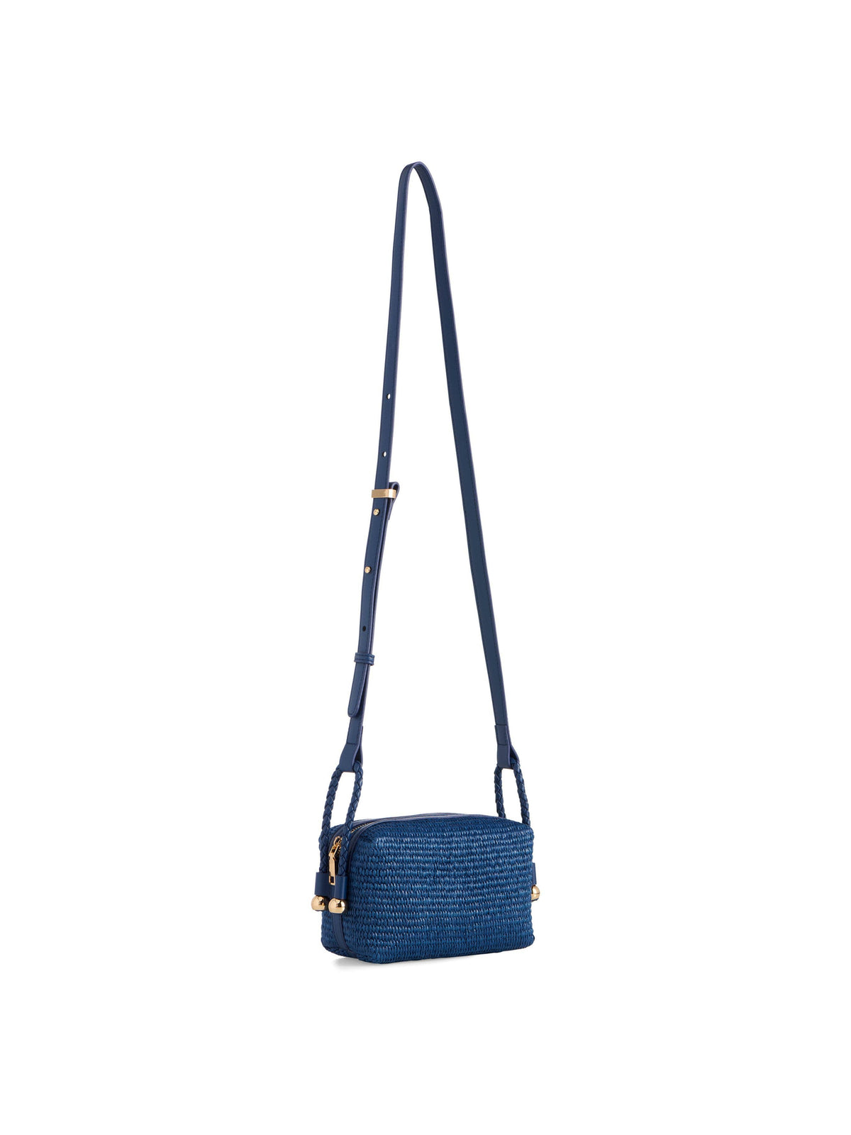 Blue woven handbag with a strap on a white background