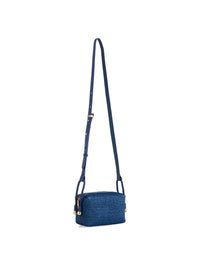 Blue woven handbag with a strap on a white background