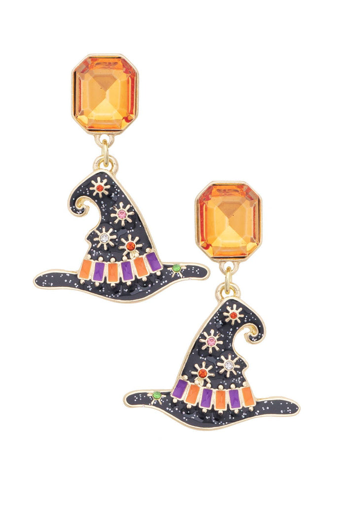 Rhinestone Witch Hat Enamel Drop Earrings in Orange