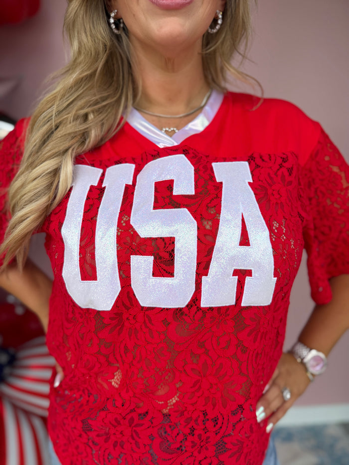 Red, Lace & Blue Top ❤️🤍