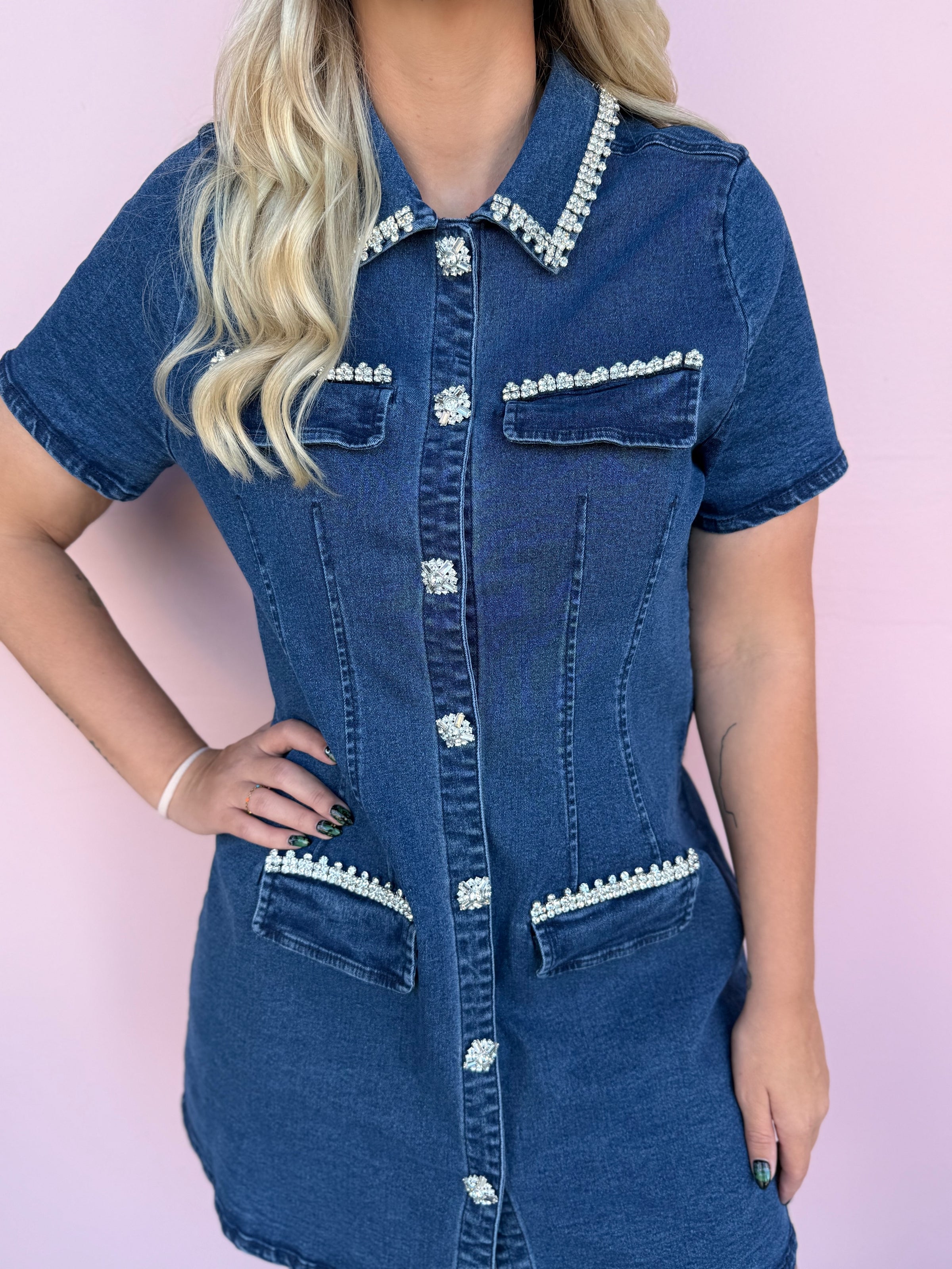 Rhinestone Trim Denim Dress P. Elyse Boutique Rhinestone Trim Denim Dress P. Elyse Boutique