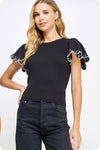 Embroidered Scallop Flutter Sleeve Ribbed Knit Top