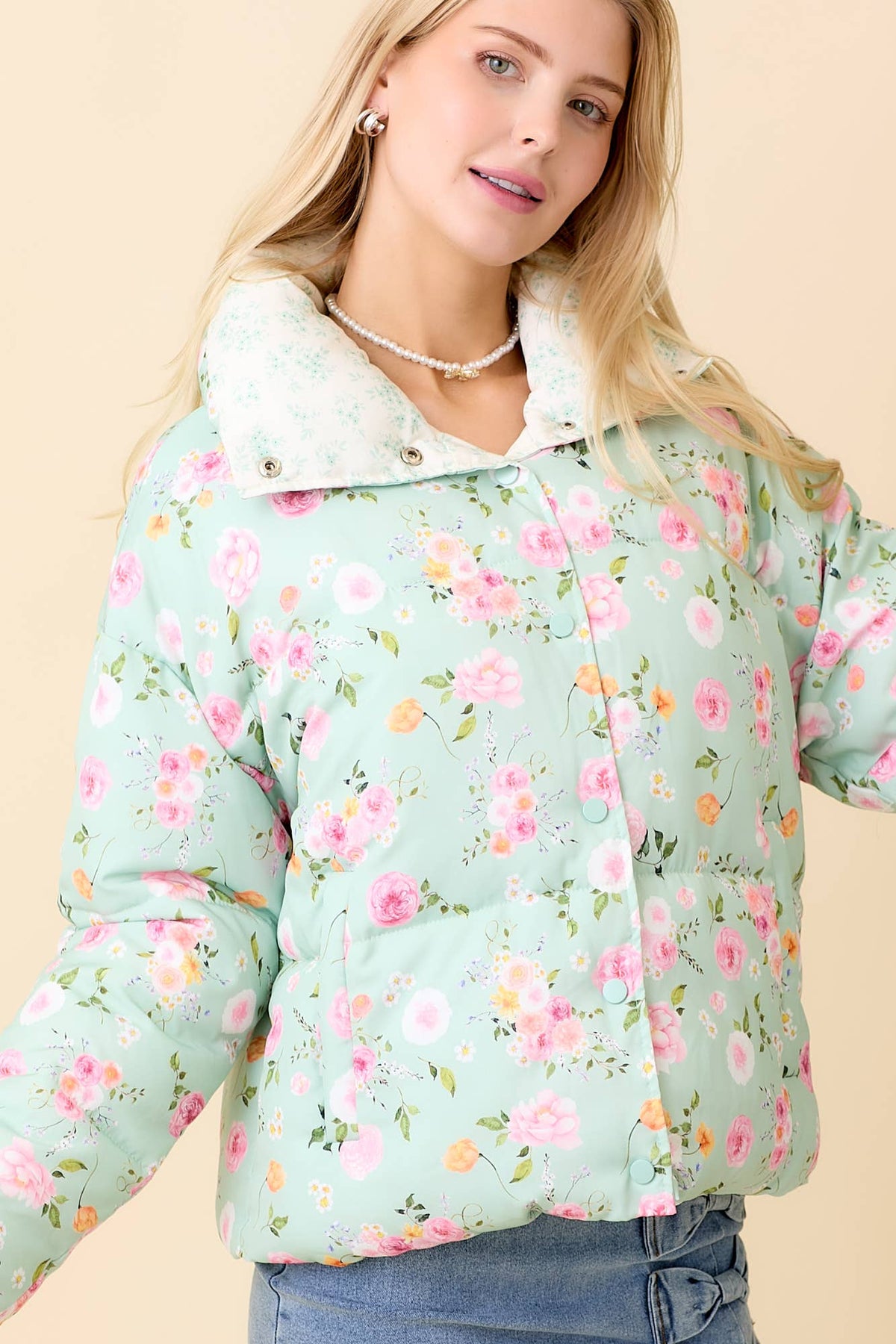Minty Meadow Floral Puffer Jacket