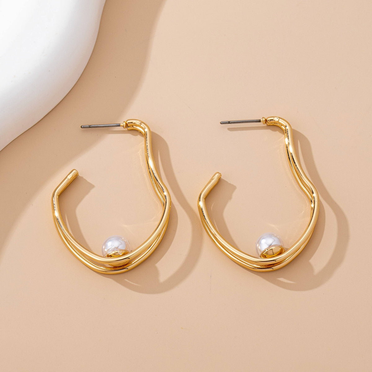 Gold-Tone Double Wave Pearl Hoop Earrings