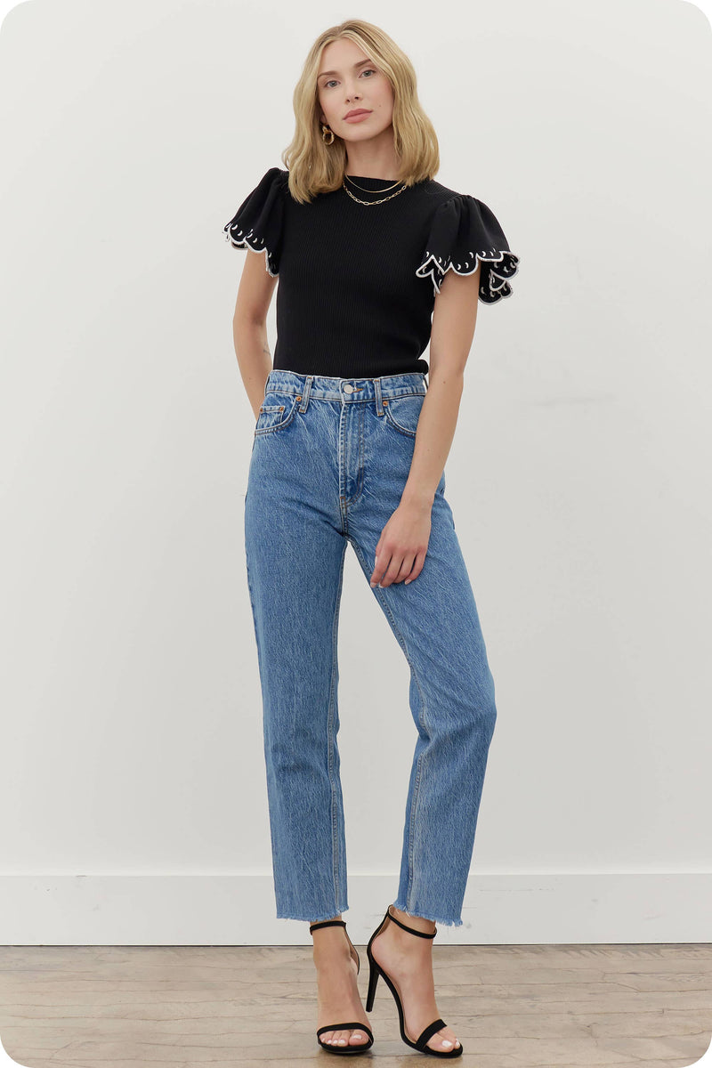 Embroidered Scallop Flutter Sleeve Ribbed Knit Top