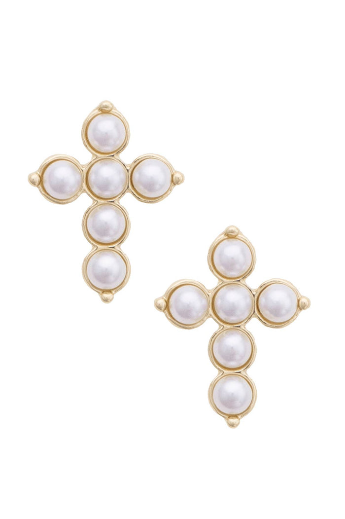 Heritage Pearl Cross Stud Earrings in Shiny Gold