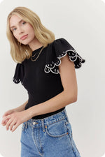 Embroidered Scallop Flutter Sleeve Ribbed Knit Top