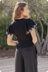 Embroidered Scallop Flutter Sleeve Ribbed Knit Top