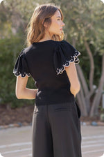 Embroidered Scallop Flutter Sleeve Ribbed Knit Top