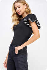 Embroidered Scallop Flutter Sleeve Ribbed Knit Top