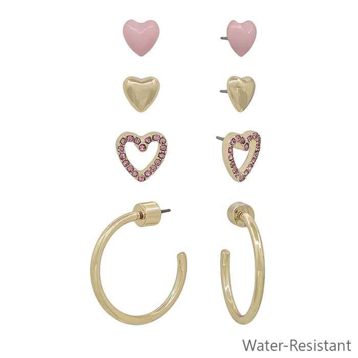 Set of 4 Pink and Gold Heart Stud Earrings