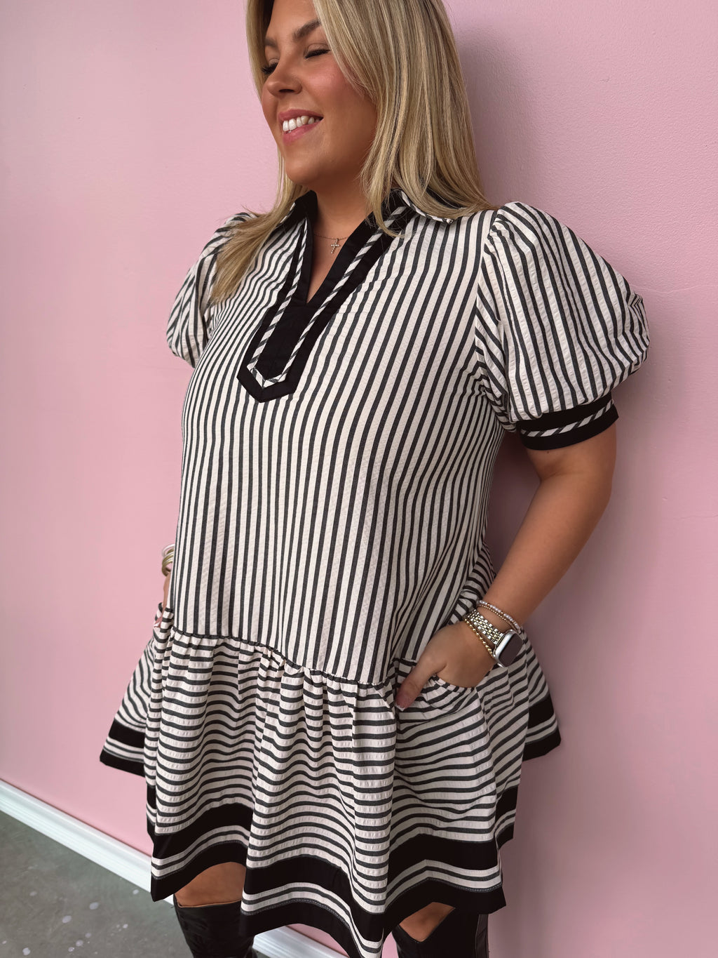 Midnight Stripe Poplin Dress