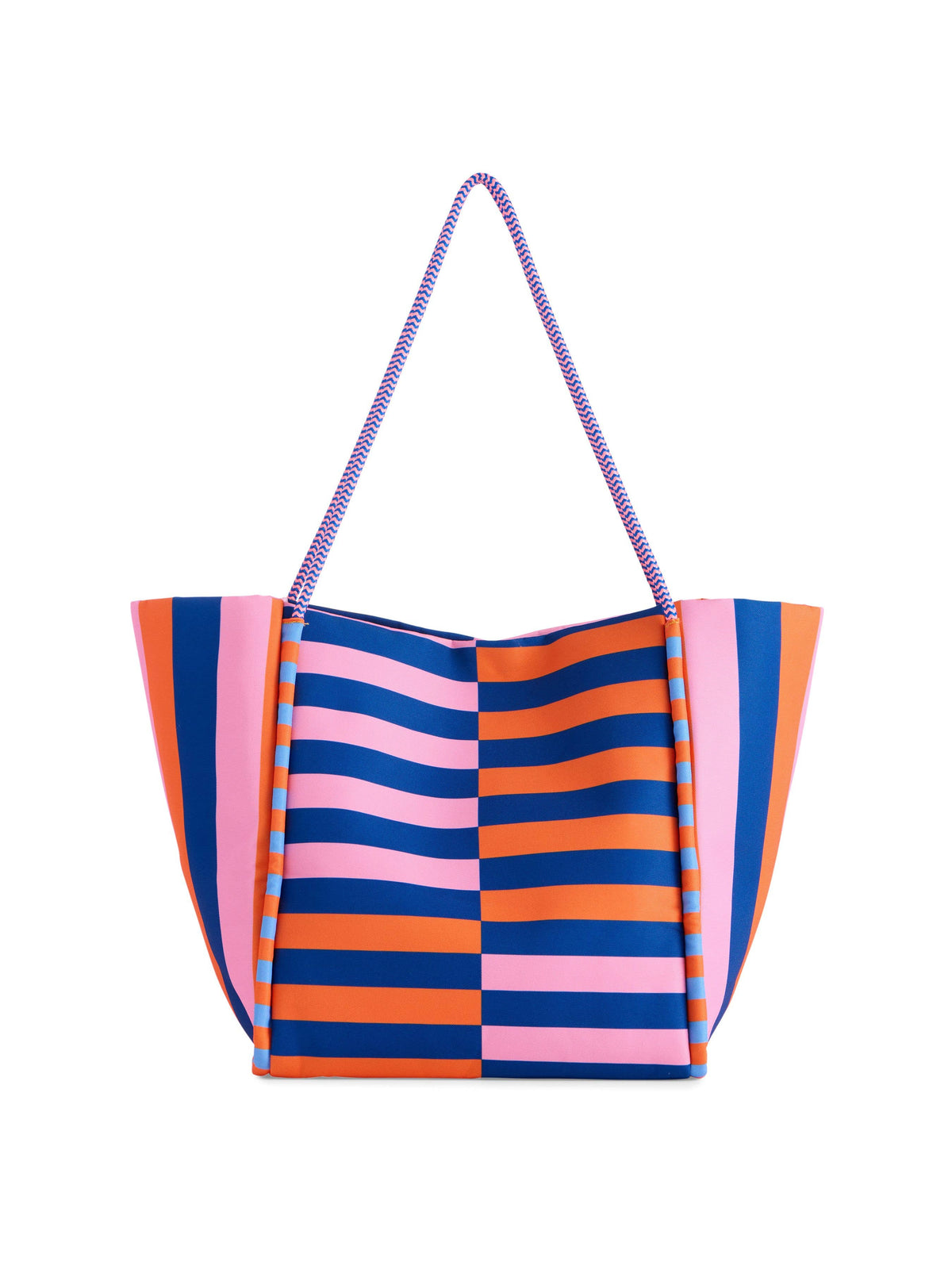 Colorful striped bag with a purple handle on a white background