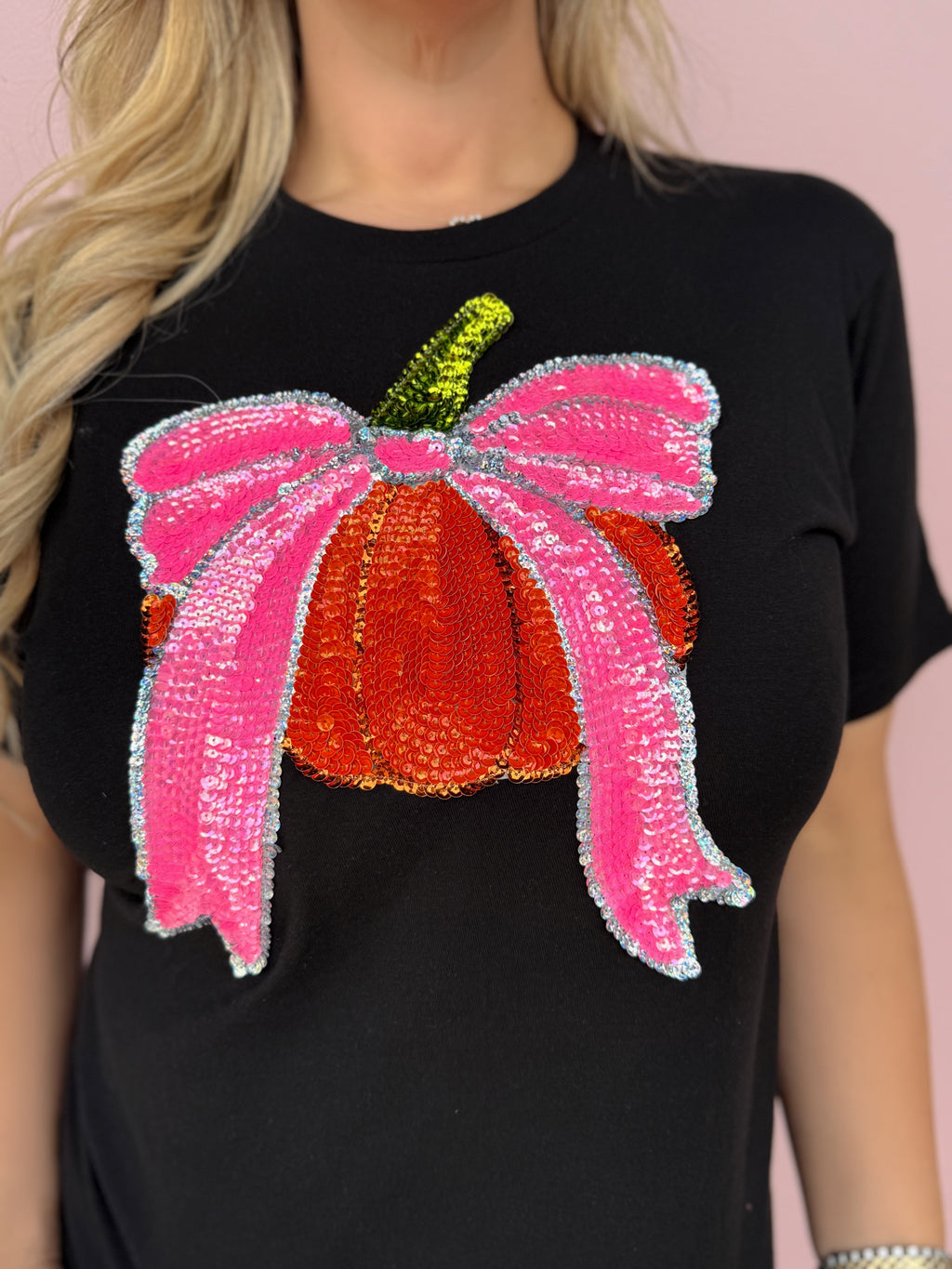 Pumpkin & Pink Bow Sequin Tee