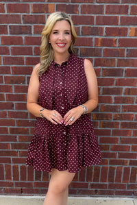 Burgundy Polka Dot Denim Mini Dress